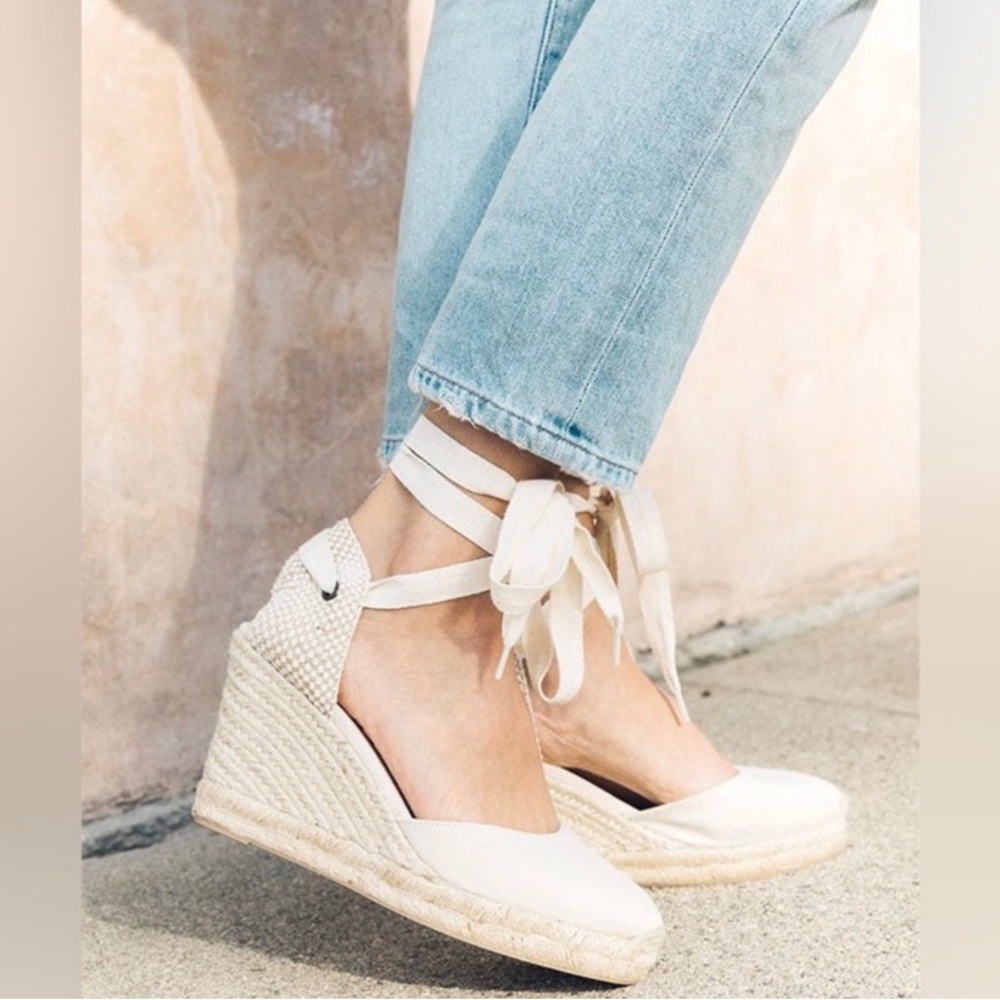 SOLUDOS The Marseille Wedge Ivory Lace Up Espadrilles Size 10